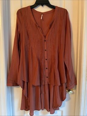 Free People Sisters Of the Moon Terra Cotta Boho Hi Lo Tunic Top Sz M